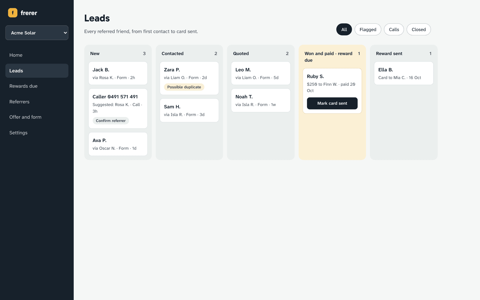 The leads board, showing each referred friend's stage, who sent them and which gift card is due.